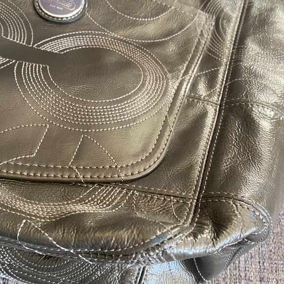 Coach Women’s Patent Leather Gray Stitched Monogram Top Zip Shoulder Handbag - Picture 6 of 16